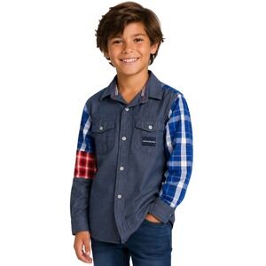 Calvin Klein Jeans Boys L 14/16 Mixd Media Plaid Chambray Button Down Shirt Blue